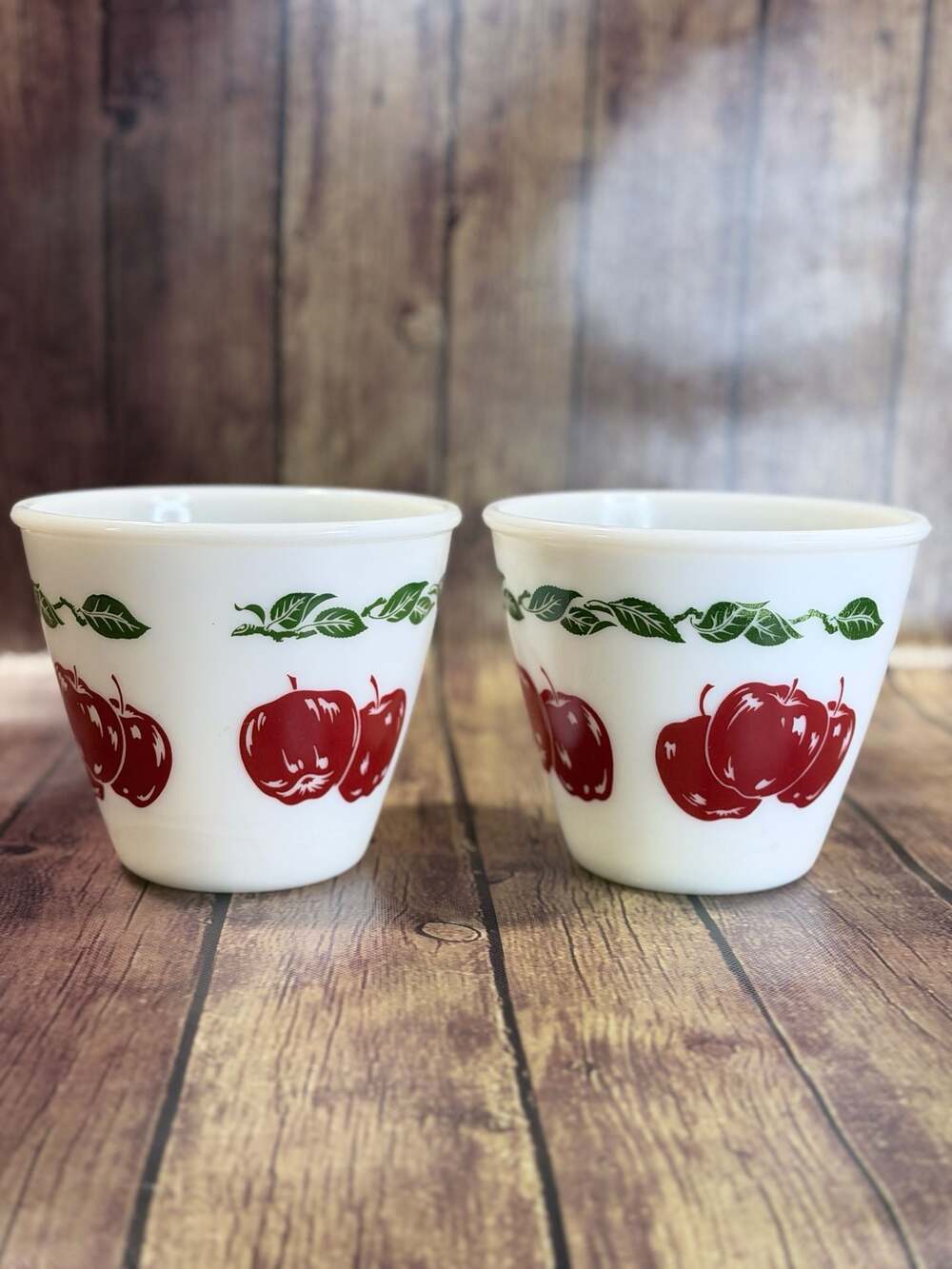 Set Of 2 Vintage Hazel Atlas Milk Glass Stackable Mixing Bowls with Apples 5”x6”